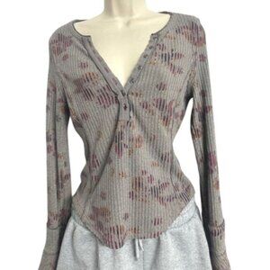 Free People Ribbed Floral Henley Bohemian, Cottage Bell Long Sleeves Sweater Sm
